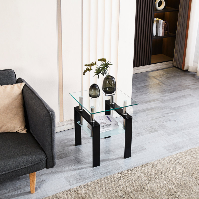 Table d'appoint en verre trempé avec rangement à 2 couches - transparent pour le salon, la salle à manger, l'espace compact de bureau