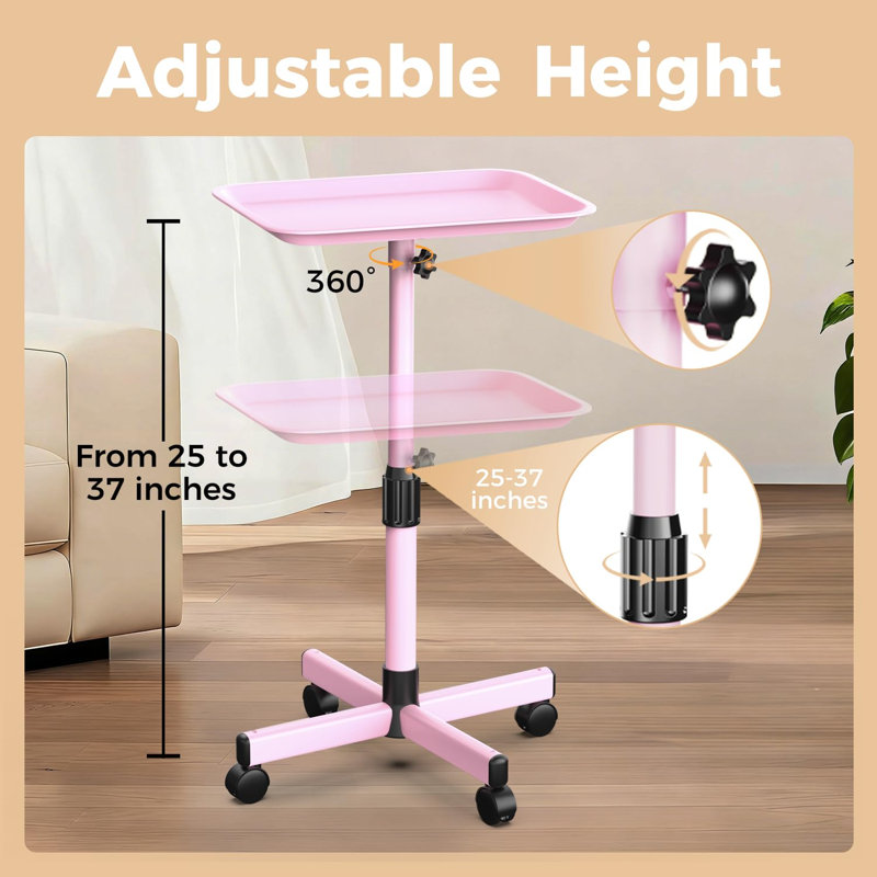 36 po. Plateau de salon sur roulettes rose, chariot à tatouer réglable en hauteur, aluminium, surface facile à nettoyer, mobilité douce, pour les coiffeurs, les Tech Lash, les spas et les particuliers