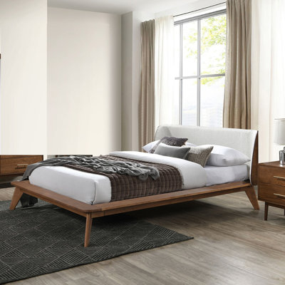 Bed 1pc Fabric Winged Edge Headboard Platform Bedframe Mattress Ready Mid-Century Modern Style