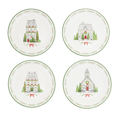 Assiettes à salade Christmas Village (ensemble de 4) - Assiettes à salade en porcelaine Holiday House avec rebord de verdure festive