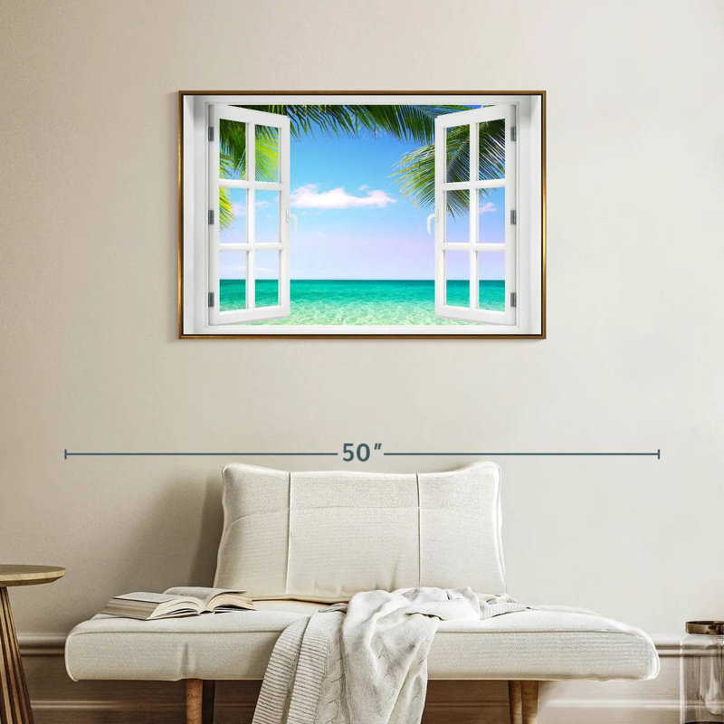 Fenêtre sur la plage turquoise, Cadre flottant doré, 37 po x 25 po
