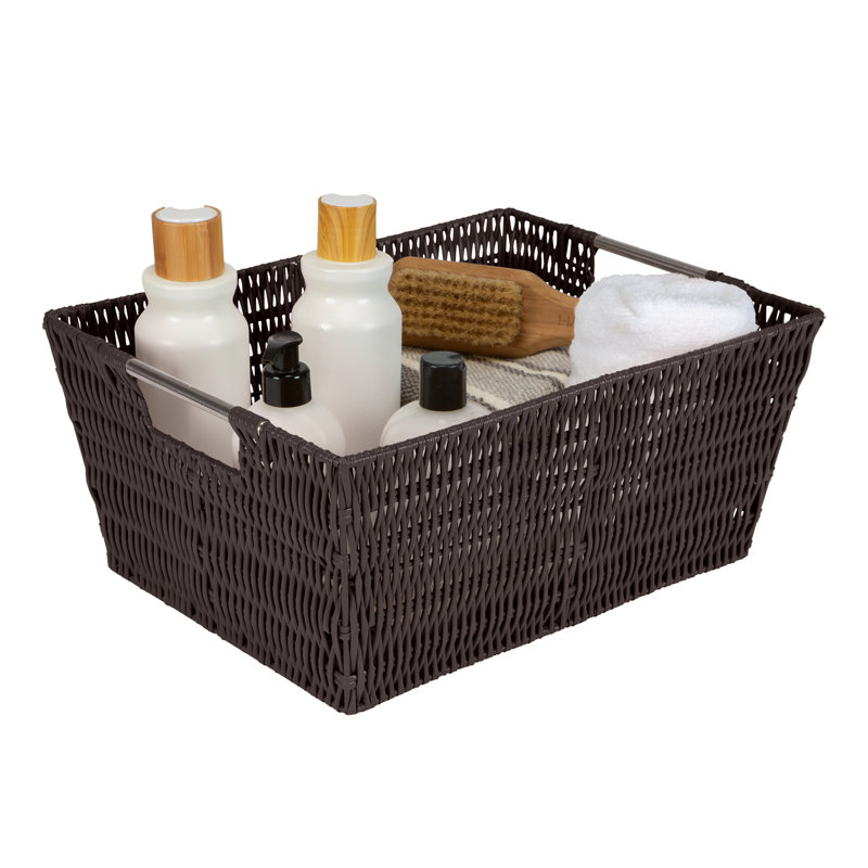 Chocolate Rattan Rectangular Storage Tote with Stainless Steel Handles