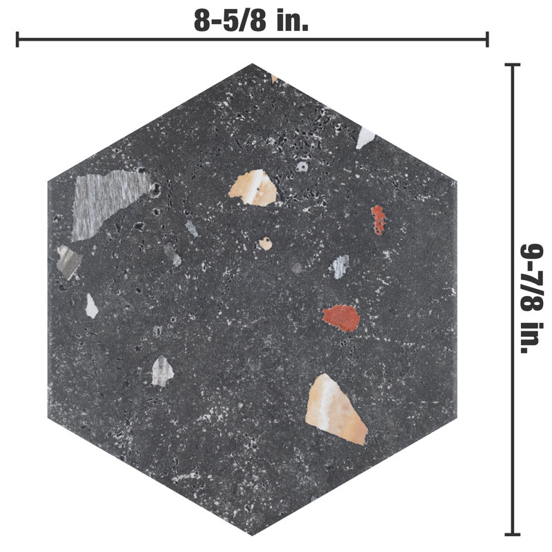 Sonar Hex 9" x 10" Porcelain Stone Look Wall & Floor Tile, Black