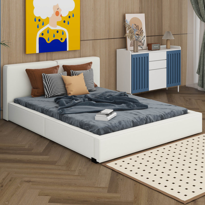 Grand lit tapissier avec base solide, Beige