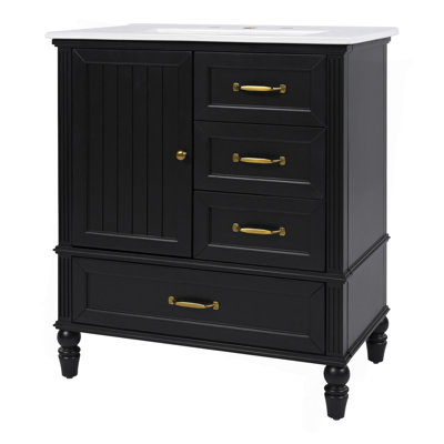 30" Bathroom Vanity with Sink, Bathroom Cabinet with A Door, Three Drawers, Solid Wood Legs & MDF Board, Adiustable Foot Pads