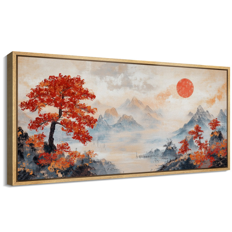 «Red Sun Trees», art mural de style chinois, impression numérique sur toile giclée sur toile, Naturel, H 30 po x l 60 po
