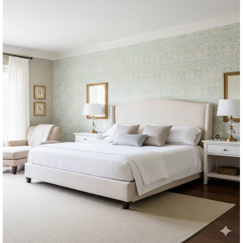 Ornamenta Collection Traditional Damask Wallpaper Roll, Light Blue