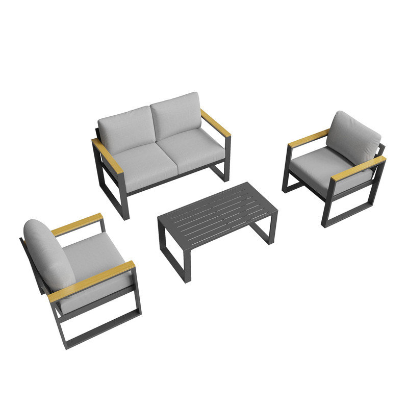 Causeuse en aluminium avec table basse, gris - Ensemble d'extérieur résistant aux intempéries pour patio, balcon ou terrasse
