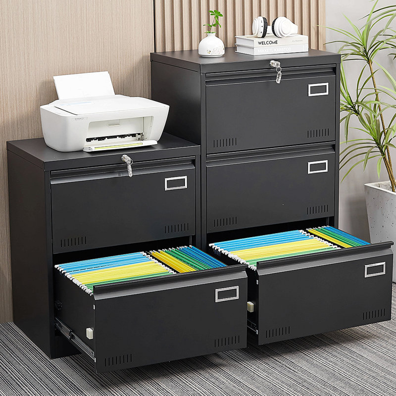 2 Drawer Lateral File Cabinet With Lock, Black Metal Vertical Filing Cabinet For Home Office, Fits Legal, Letter & A4 Size Files