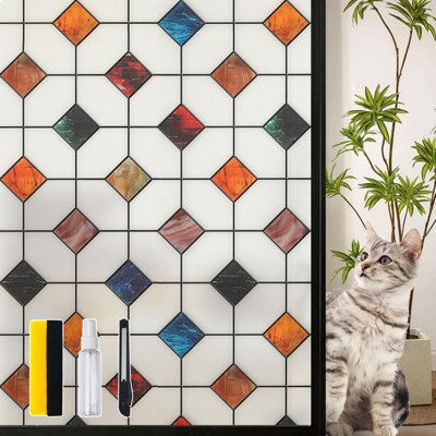 Stained Glass Window Film Geometric Patterns, Fine Frosted Window Clings For Glass Windows, Waterproof For Bathroom Window Privacy Film Day And Night (35.4In X 78.7In)