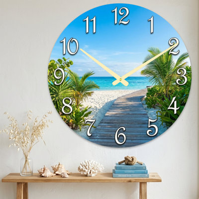 Landscape & Nature Tropical Beach Path Palm Trees Ocean Sky Ultra Clear Glass Wall Clock