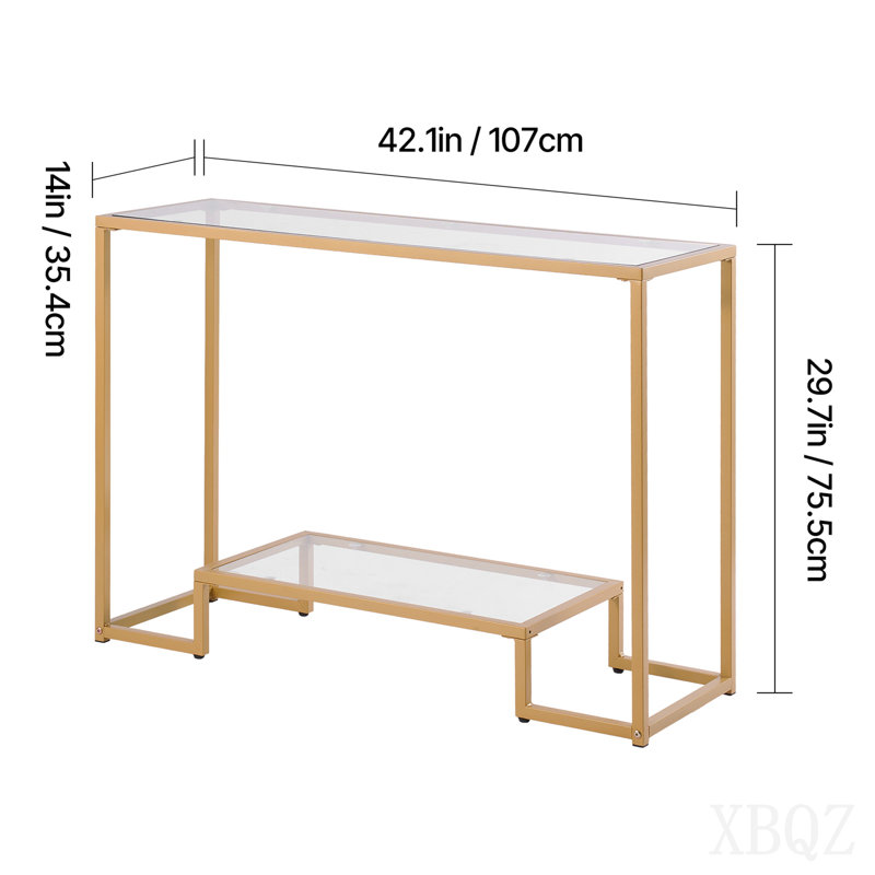 Console à 2 niveaux en verre, table d'appoint rectangulaire moderne avec plateau en verre trempé et pieds en fer, bureau consloe doré avec dispositif anti-basculement pour le salon, le couloir, l'entrée, le vestibule, le doré