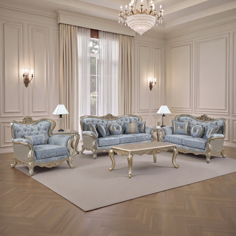 Monarque 3 pièces en bleu et champagne, Chaise, causeuse, canapé
