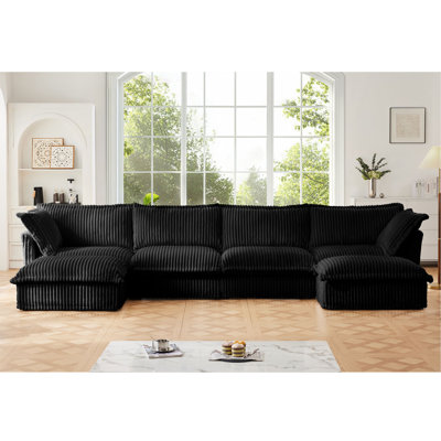 Slipcovered U-Shape 4 Seater Sectional Sofa With Reversible Ottoman And French Edge Pillows, Comfortable Deep Seat Cloud Couch, Black Corduroy