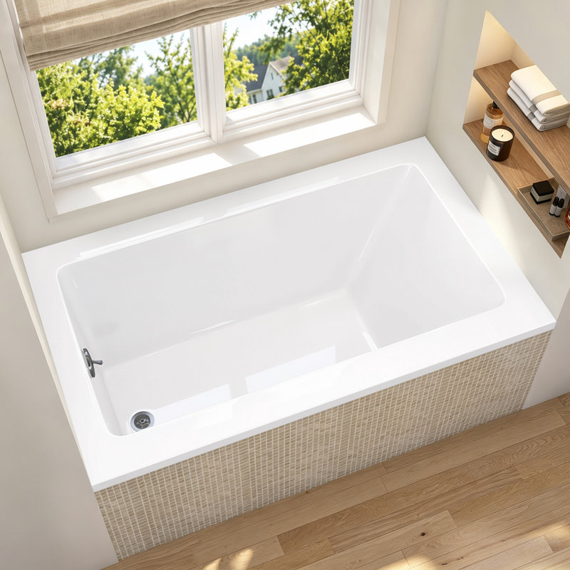 54 In. X 32 In. Acrylic Drop-In Bathtub Glossy White Rectangle Deep Soaking Bathroom Tub With Integrated Left Drain Hole for 3 Wall Installation