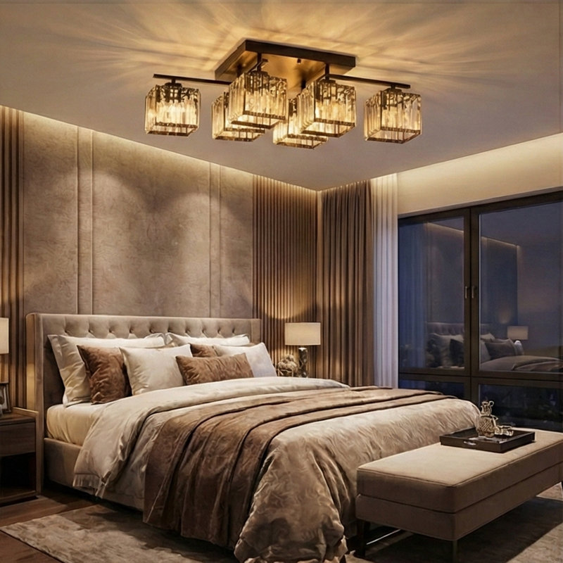 Plafonnier encastré moderne en cristal 6 lumières Cavanagh, 6 lumières, H 8,7 po x l 31,5 po x P 15,7 po, Noir