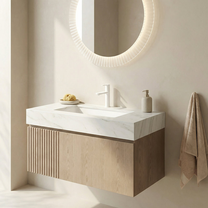 Meuble-lavabo de 36 pouces avec lavabo, armoire de rangement en contreplaqué flottant, comptoir en pierre frittée en travertin avec lavabo en céramique, finition grain de bois Heidelberg
