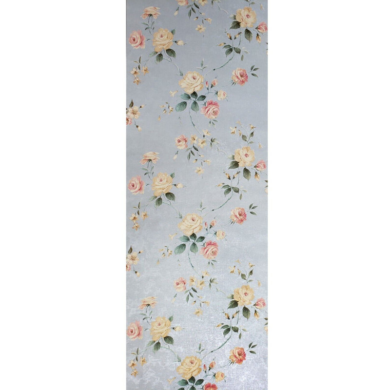 Papier peint floral Samarkanda fleurs roses, rustique, gris, argent, faux plâtre métallique