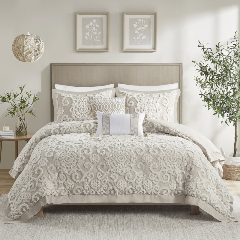 Housse de couette 100% coton taupe avec broderie en chenille élégante, Taupe