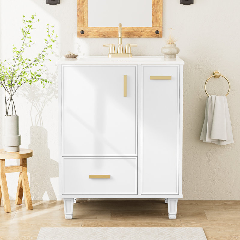 Meuble-lavabo 24 po avec lavabo, armoire de salle de bain avec tablette de porte, tiroir profond, panier coulissant à 2 niveaux, structure en bois massif et panneau de fibres à densité moyenne, un paquet