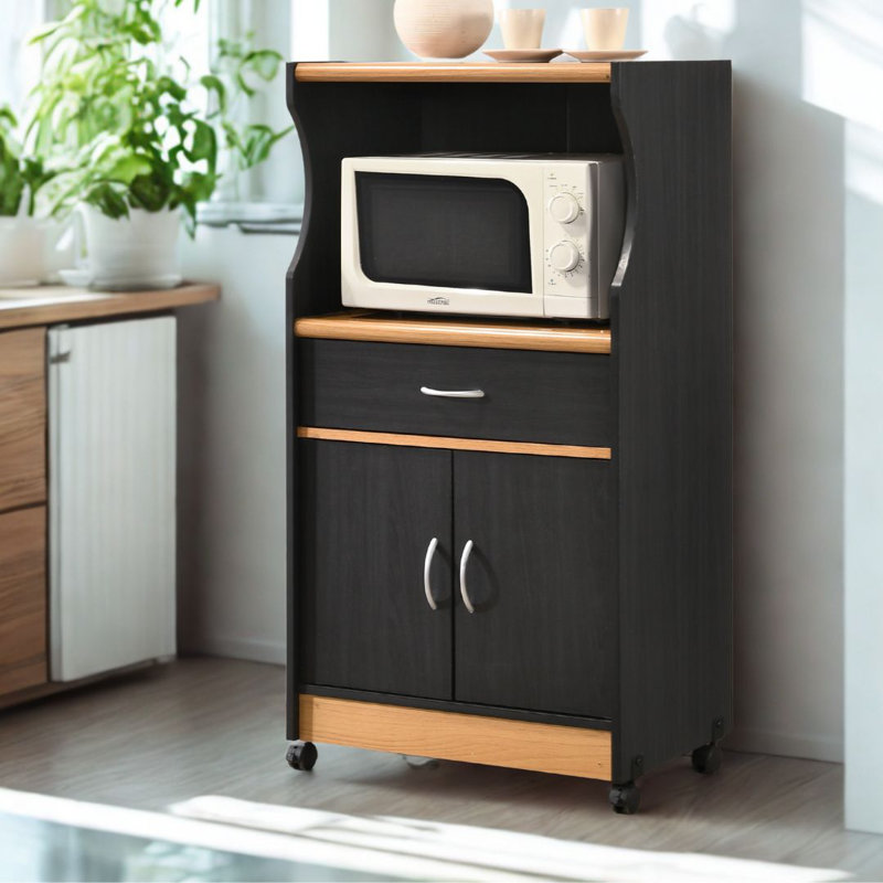 Chariot de cuisine roulant avec tablette à micro-ondes, tiroir à ustensiles, espace de rangement d'armoire intérieure et roulettes verrouillables