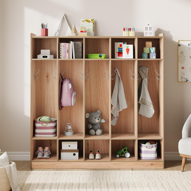Casier à 5 sections, 10 casiers et crochets, rangement en bois pour l'école, Noyer