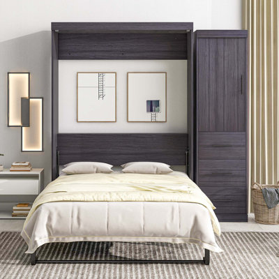 Lit double avec rangement - gris, comprend une armoire et des tiroirs se replie dans l'armoire pour une utilisation efficace de l'espace