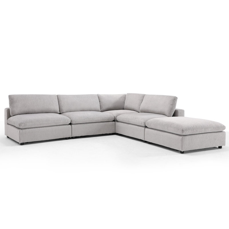 Nuccio 5-Piece Minimalist Modern Soft-Upholstered Sectional With Ottoman, Light Gray