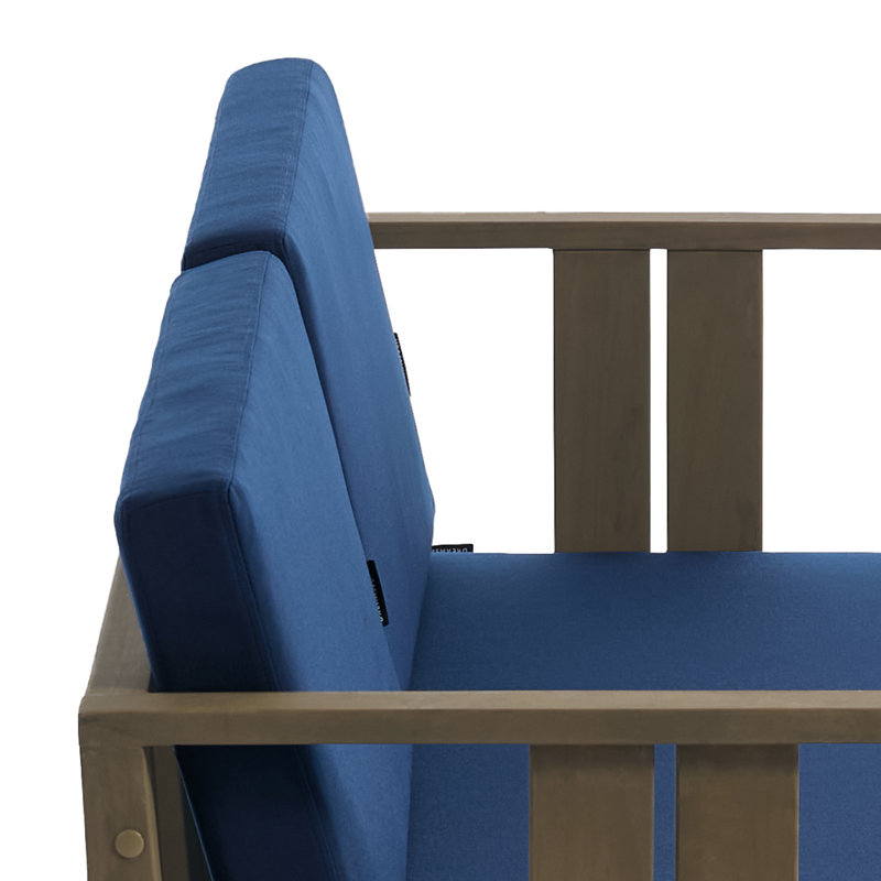 Junco Solid Wood Teak Outdoor Loveseat With Cushion And Arms, Brown, Navy