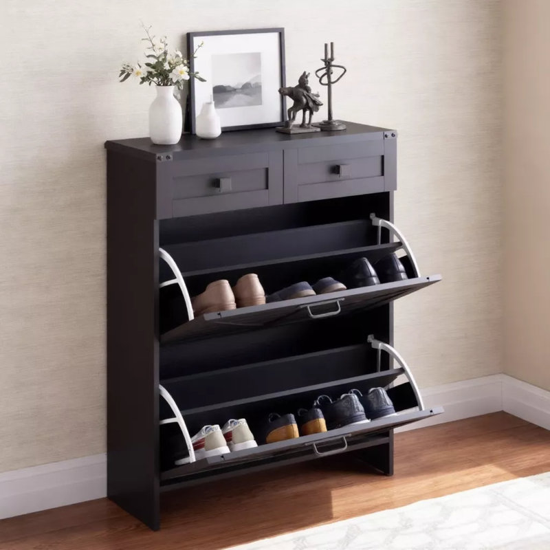 Farmhouse Shoe Cabinet With Two Flip Drawers And Two Regular Drawers Slim Freestanding Narrow Rack For Front Entryway, Black