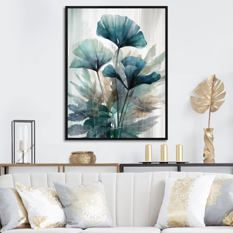 Feuilles de palmier tropical Ginkgo II - impression, H 40 po x l 30 po x P 1,5 po, Cadre flottant noir