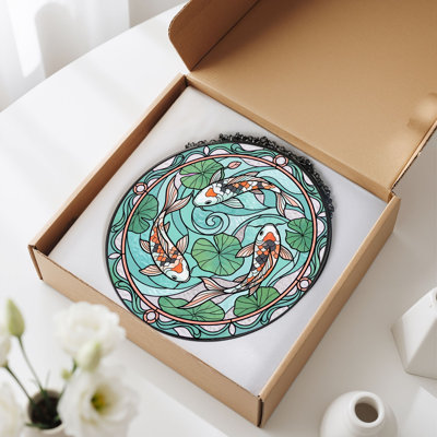 Koi Fish Stained Glass Window Panel，12"H