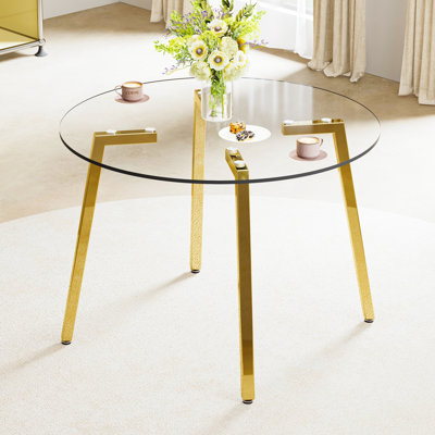 Table en verre trempé transparent avec pattes en métal doré, 107 x 107 x 75 cm, style moderne pour salle à manger, cuisine et salon. Montage facile. Table minimaliste de 107 x 107 x 75 cm, idéale pour la décoration intérieure.