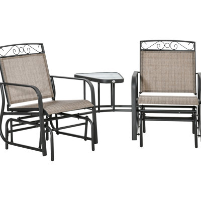 Garden 2 Glider Chair Swing With Center Table - For Patio, Backyard Breathable Sling Material, Steel, Brown Chairs Individually Gliding Seats Rocking Coffee Patio And Backyard,