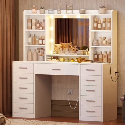 Makeup Vanity Table with Lighted Mirror & Charging Station, Makeup Vanity Desk with 11 Drawers & 4 Open Storage Shelves for Bedroom, White