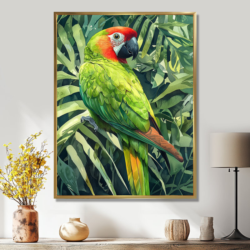 «Cladd Feather And Parrot In The Tropics I», reproduction d'art sur toile, H 32 po x l 16 po, Impression encadrée flottante