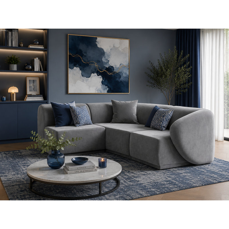 4 Seater Velvet Sofa & Chaise, Grey Velvet