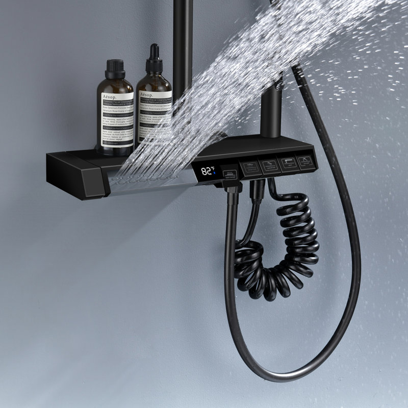 Lefton Complete Shower Set with Temperature Display in Fahrenheit and Dual Shower Head, SST2206, Matte Black