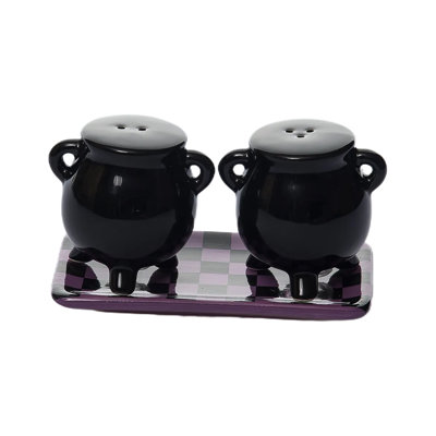 Dolomite Cauldron Salt and Pepper Shaker Set of 3 Ceramic Halloween Black Tabletop Shakers for Indoor Use Perfect for Decoration Gift Giving and Hostess Gifts Ideal for Spooky Season Dining