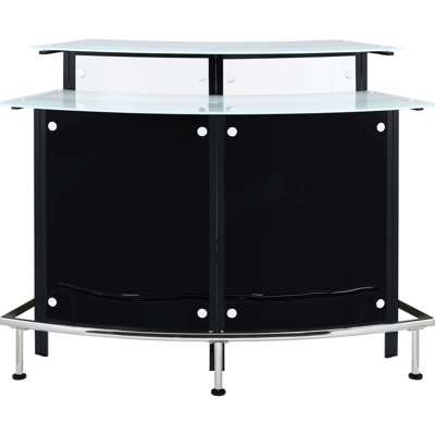 Bar élégant noir avec dessus en verre courbé et rangement pour le vin à huit bouteilles dans le salon Armoire intemporelle pour les espaces principaux, offrant de la verrerie organisée