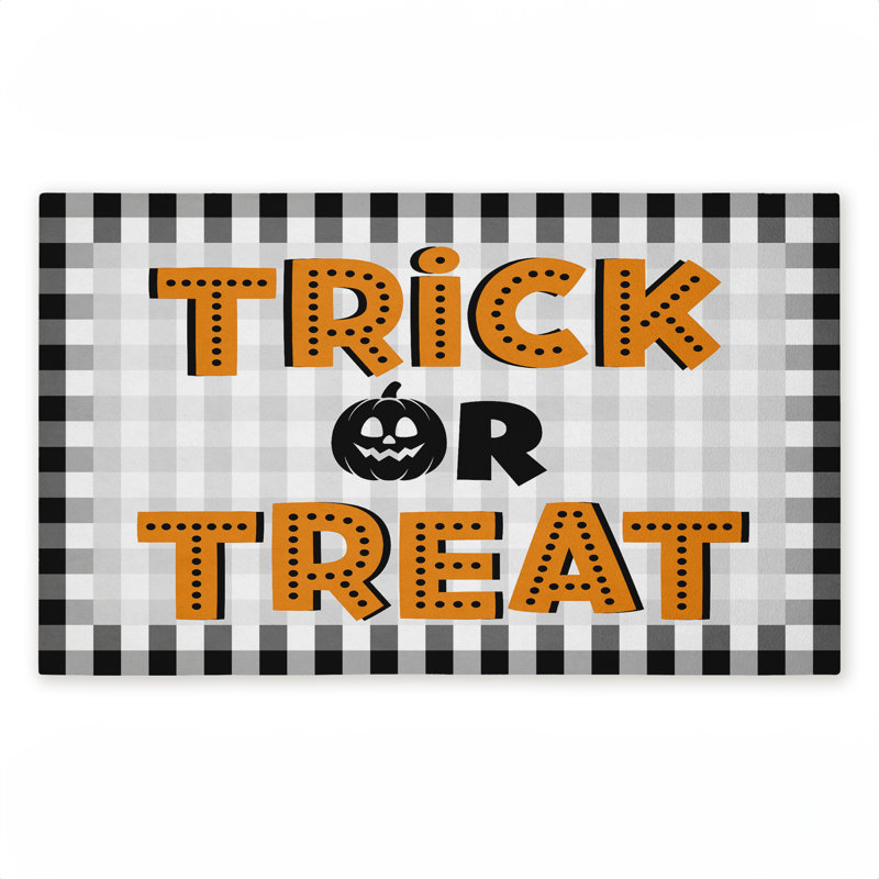 Tapis de porte d'extérieur à motif de guingan Trick Or Traite, par Marcus Prime, 18 po x 30 po
