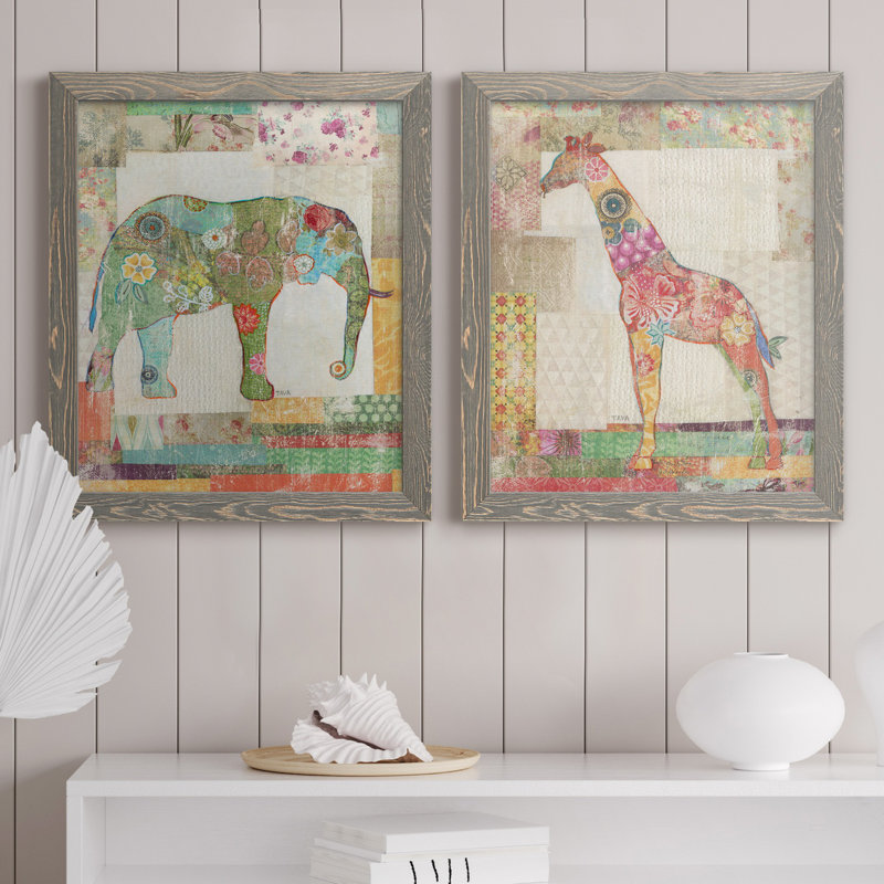 «Elephant Montage», ensemble de 2 impressions, Pas de tapis, H 20 po x l 17 po x P 1 po, Toile avec cadre gris