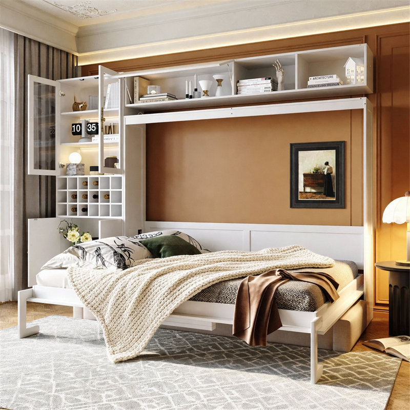 Murphy Bed, Wall Bed With Sofa, Shelves USB And Light, Gray/White