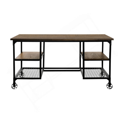 Modern Traditional Aesthetic 1Pc Writing Desk With 4X Shelves Metal Casters Natural Finish And Rustic Black Metal Finish