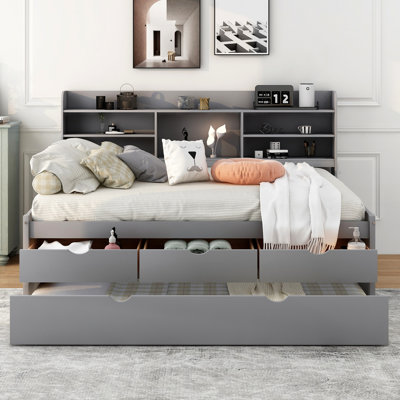 Full Size Bed With Built-In Bookcases, Three Storage Drawers And Trundle, Grey Shade Bookshelves, Trundle