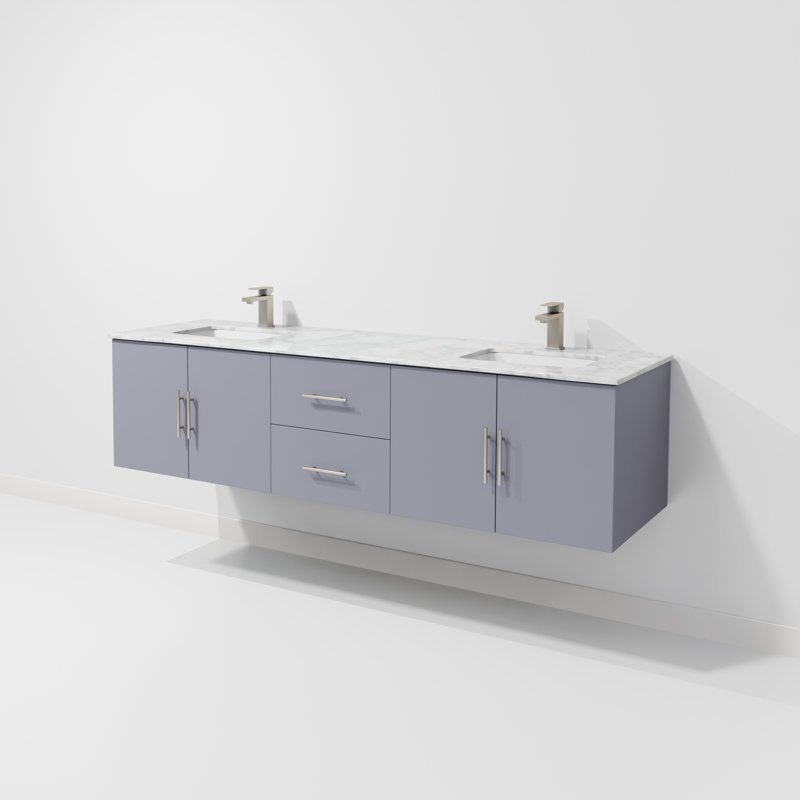 Ensemble de meuble-lavabo double mural 72 "Geneva, Marbre de Carrare blanc, Gris foncé