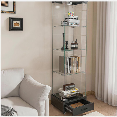 Modern Glass Display Cabinet with 2 Large Drawers , Quick-assembly Antique Cabinet with LED lights, Tempered Glass Bookshelf, 2-Door Storage Case with 4 Shelves  for Living Room and Bedroom, black