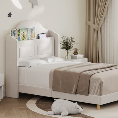 Twin Velvet Upholstered Platform Bed with LED Lights, Wingback Storage Headboard and Wood Slat Support