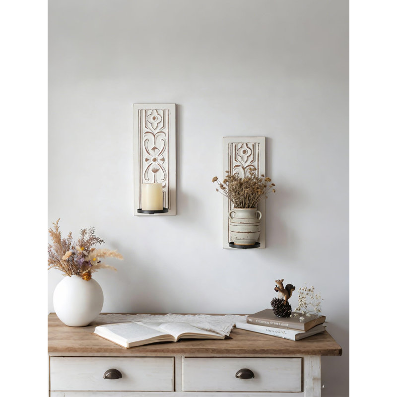 Porte-bougie murale en bois sculpté, appliques murales brunes, avec flores vieillies en relief 3D (blanc)