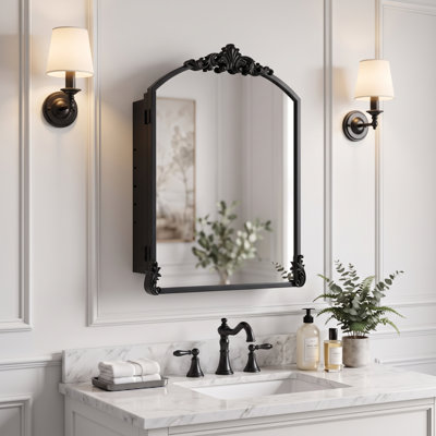 26" X 20" Arched Baroque Metal Medicine Cabinet with Mirror and Removable Ornaments